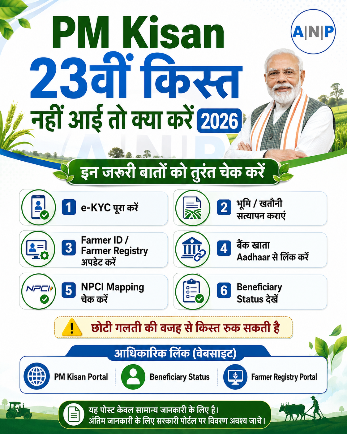 PM Kisan 23वीं किस्त नहीं आई तो क्या करें 2026? e-KYC, भूमि सत्यापन, Farmer ID, बैंक खाते की NPCI mapping, Aadhaar link और जरूरी सुधार की पूरी जानकारी हिंदी में।