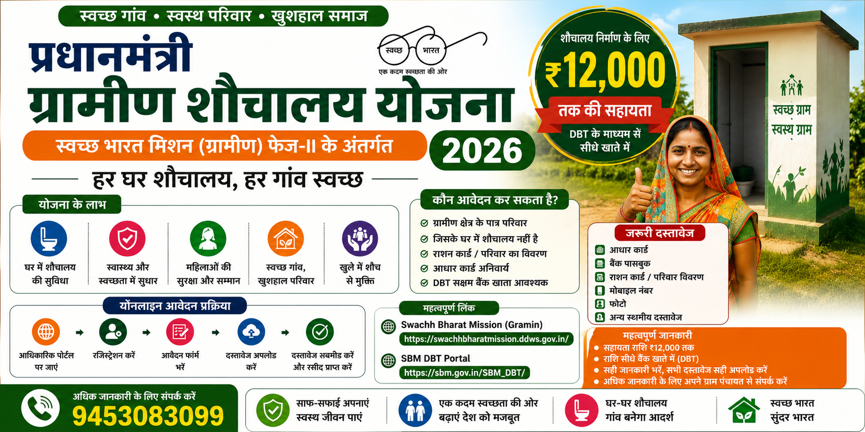 प्रधानमंत्री ग्रामीण शौचालय योजना 2026 | ₹12,000 सहायता, Online Apply, Documents & Status Check